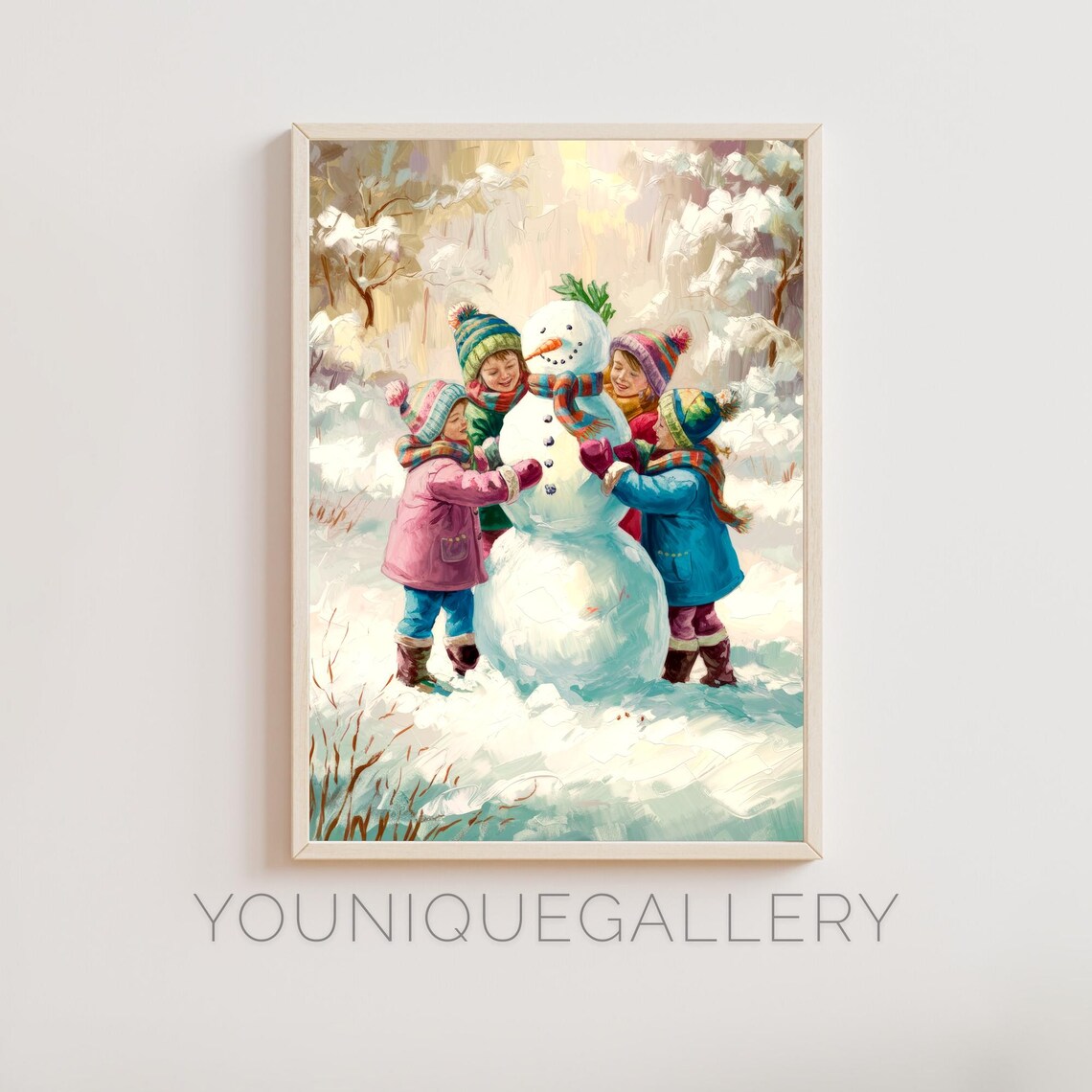 Kids Building a Snowman Vintage Winter Scene Oil Painting Poster
