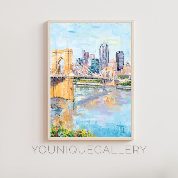 Suspension Bridge Riverfront Skyline Impressionist Oil Wall Art
