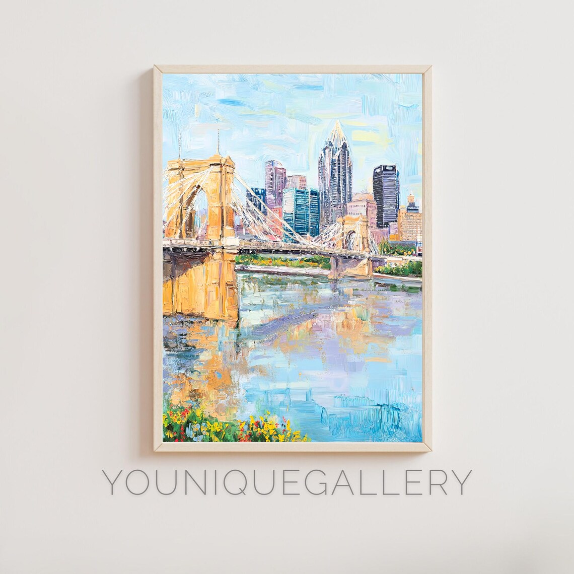Suspension Bridge Riverfront Skyline Impressionist Oil Wall Art