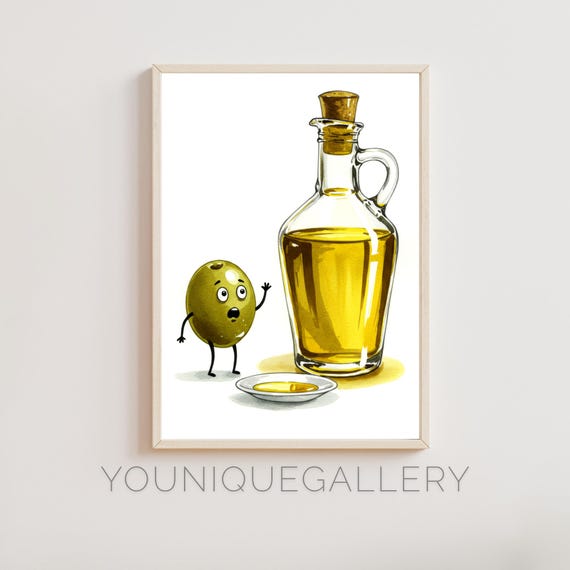 Funny Olive And Olive Oil Watercolor Kitchen Print Mediterranean Food Humor Cooking Art Kitchen Decor Chef Gift Wall Art