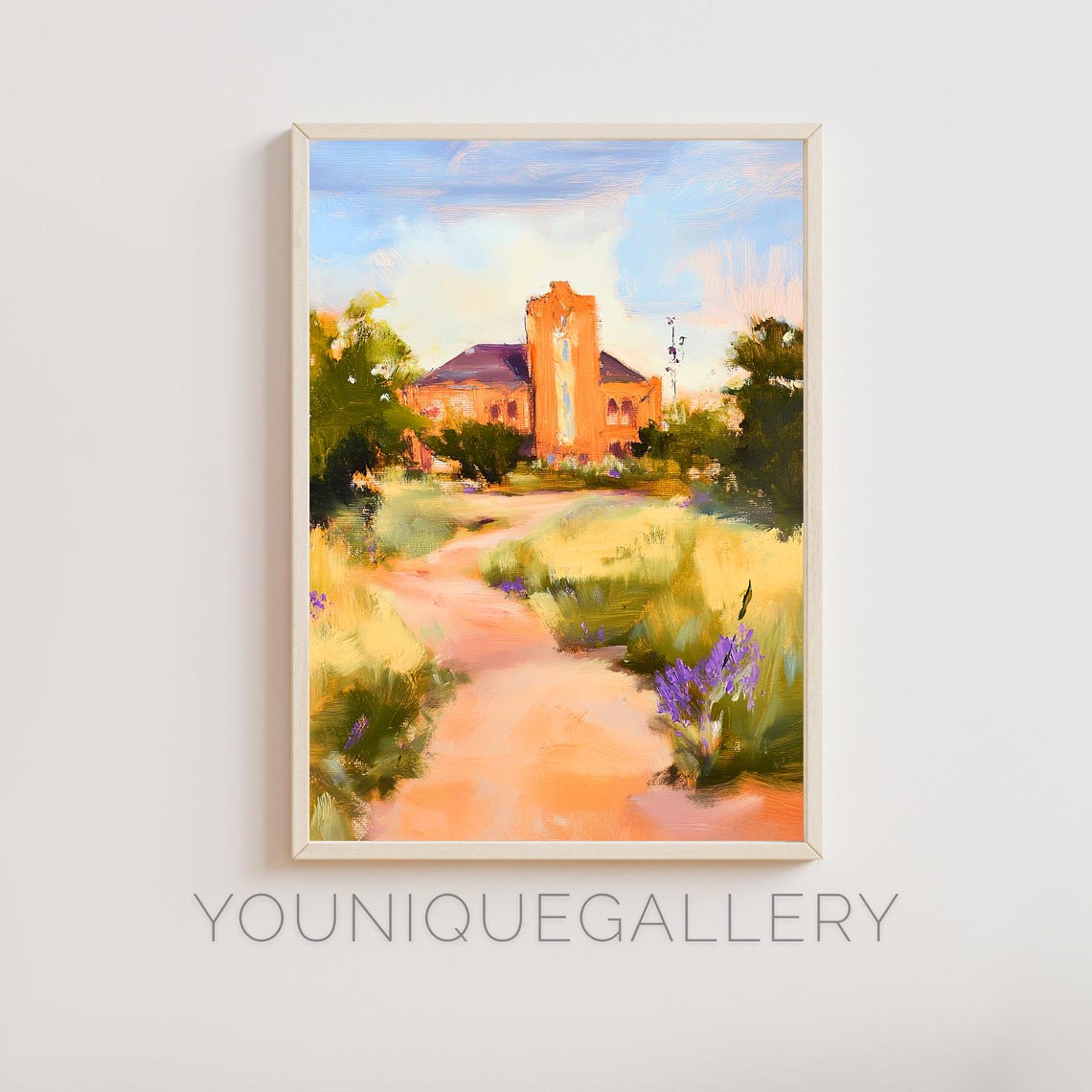 Historic Brick Schoolhouse Impressionist Meadow Path Oil Wall Art