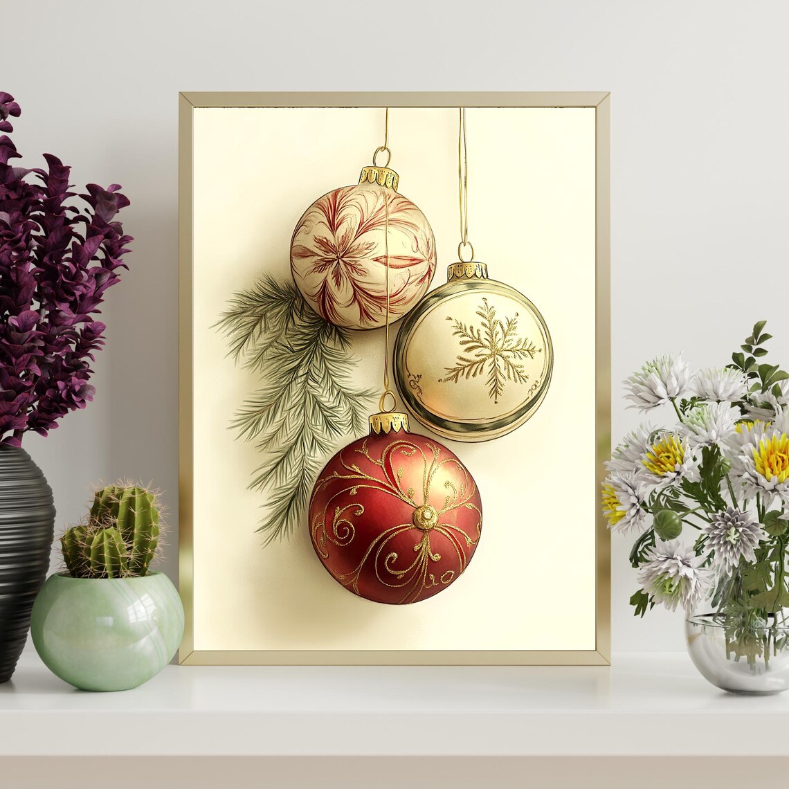 Elegant Christmas Ornaments Hanging With Pine Festive Art Poster - Image 4