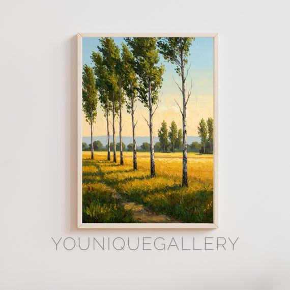 Golden Wheat Field With Poplar Trees Wall Art Landscape Nature Sunset Print Farmhouse Decor Country Art