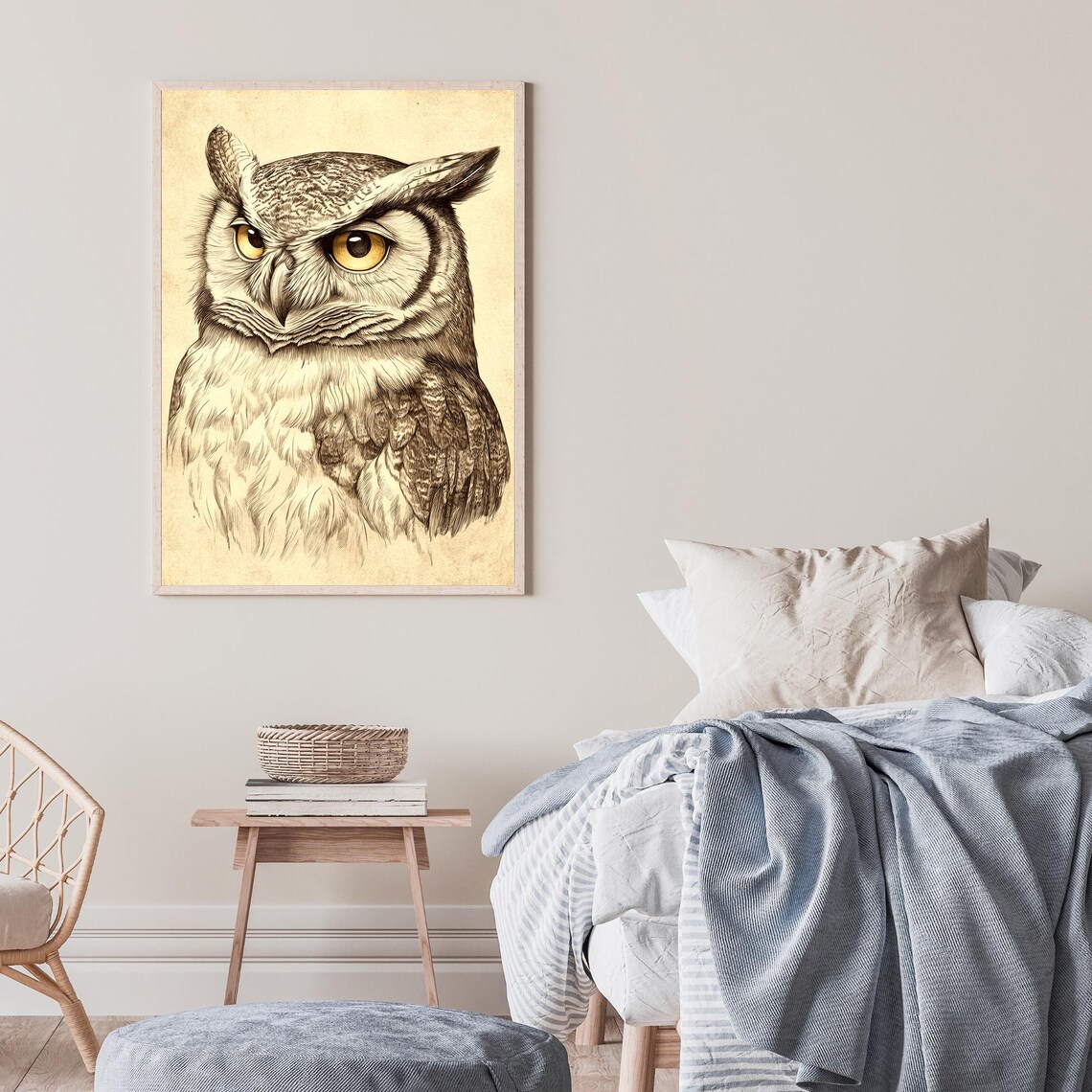 Great Horned Owl Portrait Sepia Sketch Piercing Eyes Bird Wall Art - Image 2