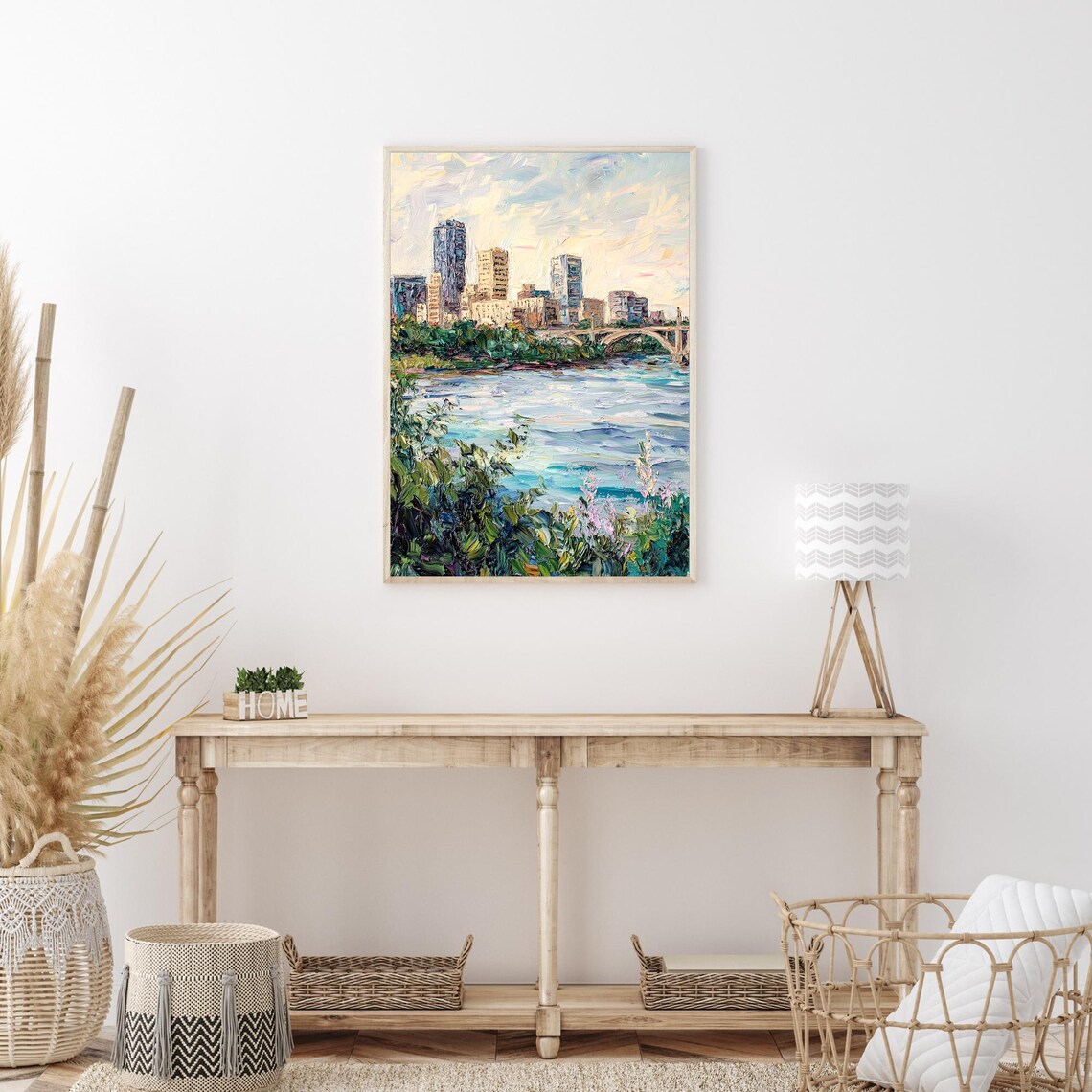 City Bridge River Sunset Reflections Impressionist Oil Painting Wall Art - Image 3