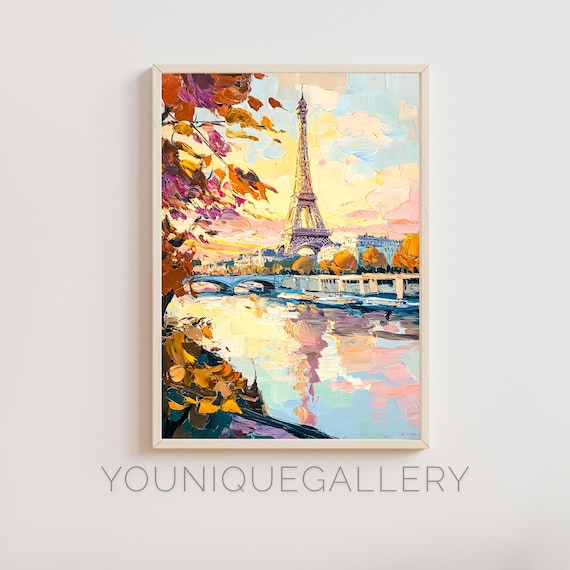 Eiffel Tower Paris Autumn Leaves Seine Sunset Reflection Romantic Painting Poster