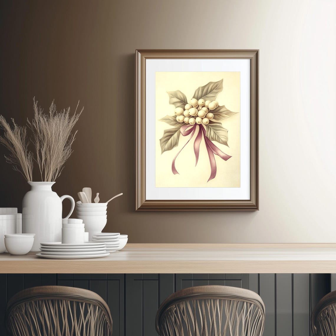 Elegant Christmas Mistletoe Botanical Art With Pink Bow Poster - Image 2