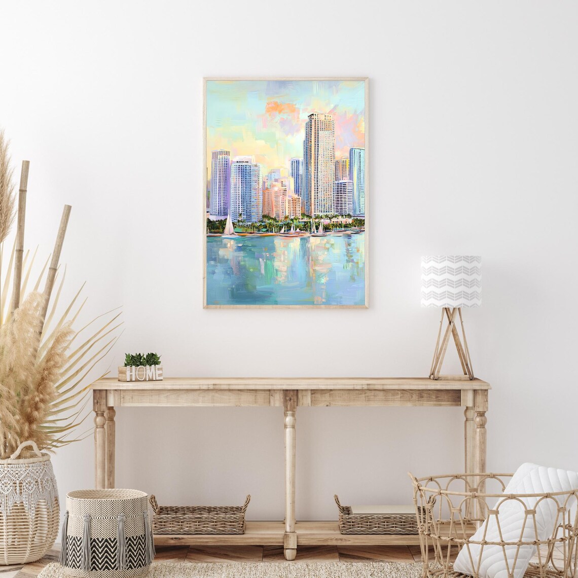 Miami Florida Coastal Skyline Sailboat Bay Sunset Oil Painting Poster - Image 3