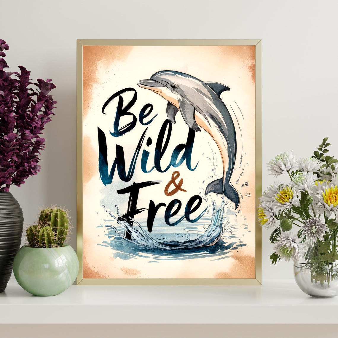 Be Wild And Free Leaping Dolphin Watercolor Ocean Quote Poster - Image 4