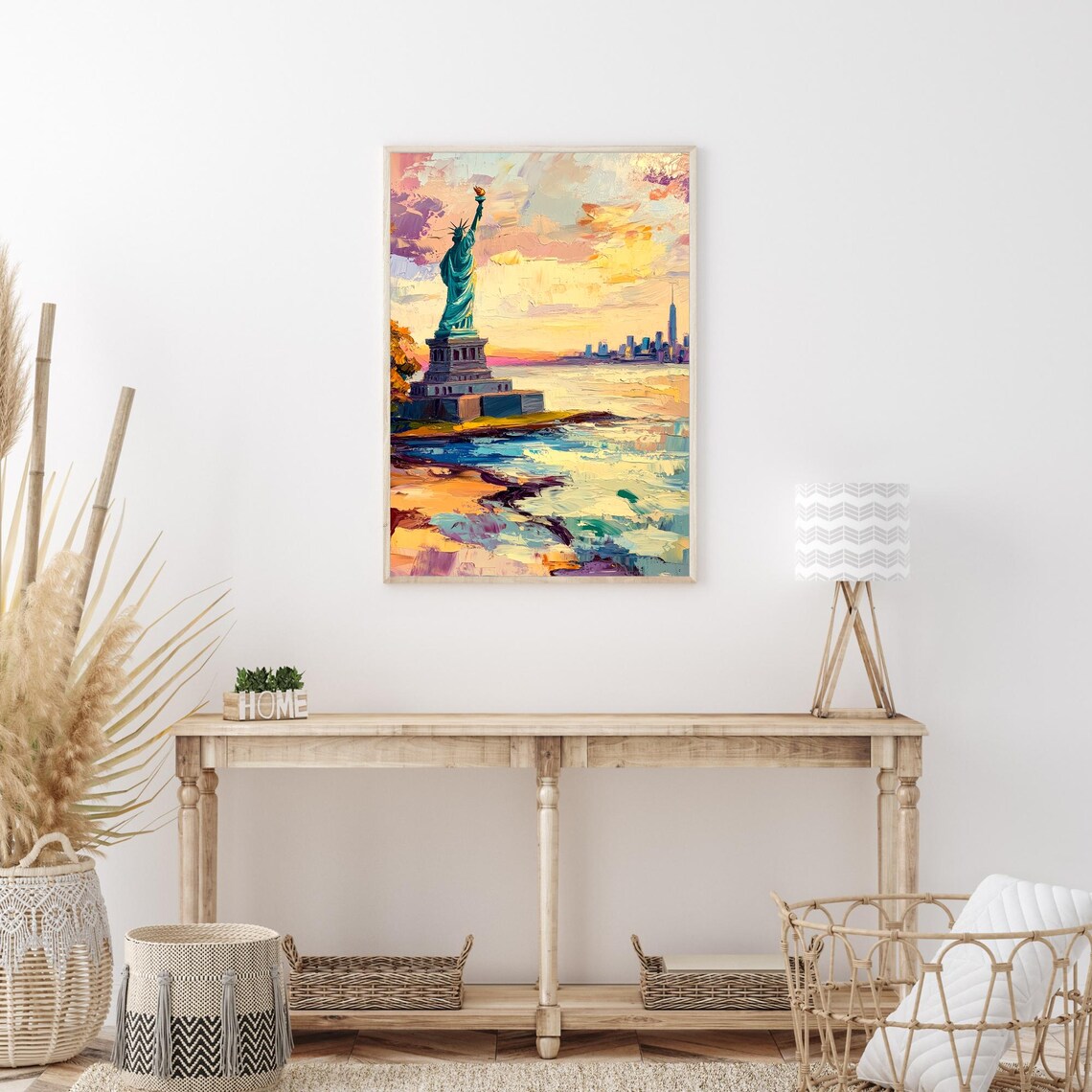 Statue Of Liberty New York Harbor Manhattan Skyline Sunset Painting Poster - Image 3