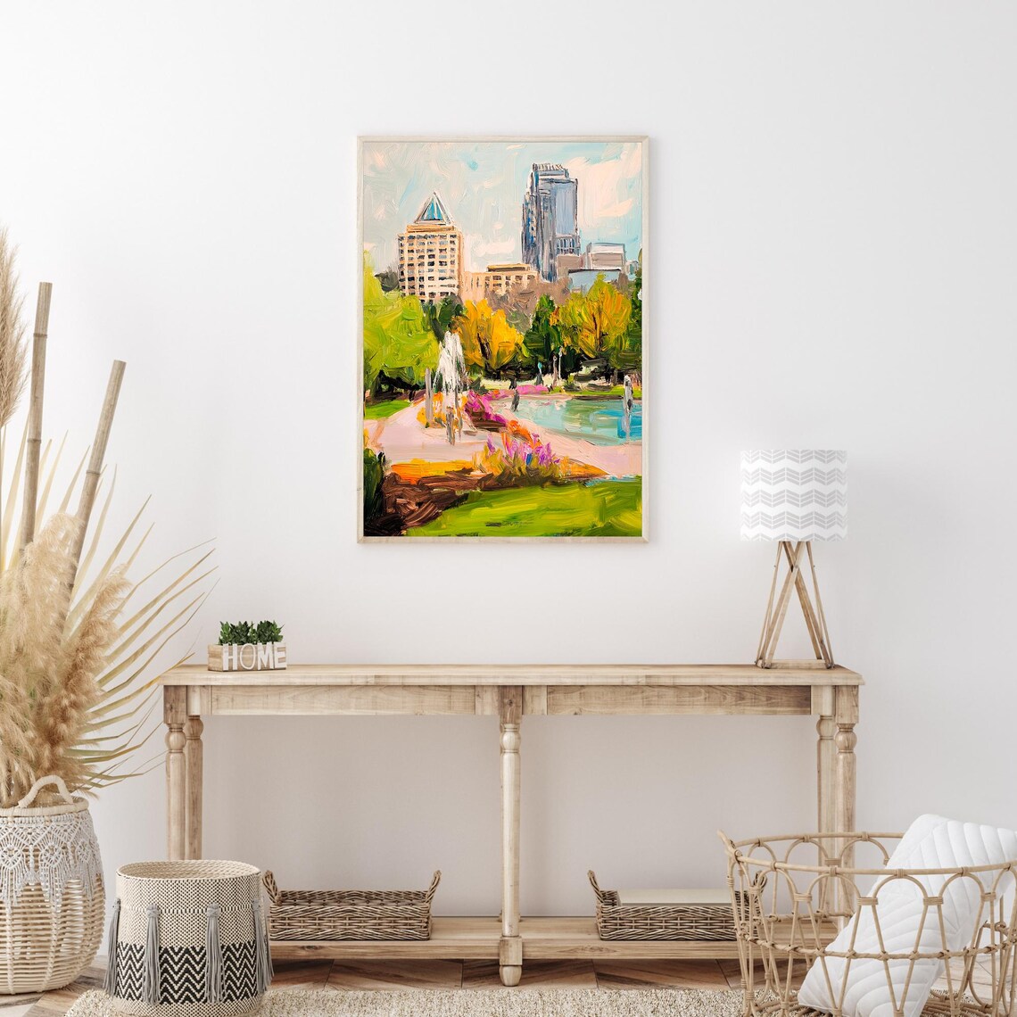City Park Fountain Flower Gardens Skyline Impressionist Oil Wall Art - Image 3