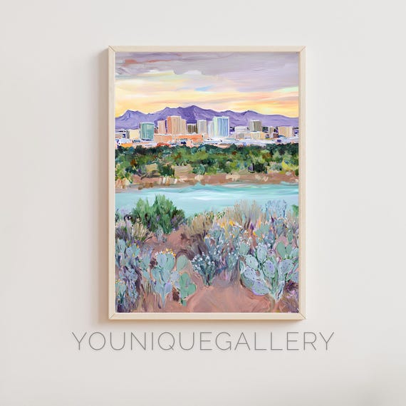 Albuquerque New Mexico Oil Painting Wall Art Desert Mountain Print Southwestern Cactus Poster Modern Decor