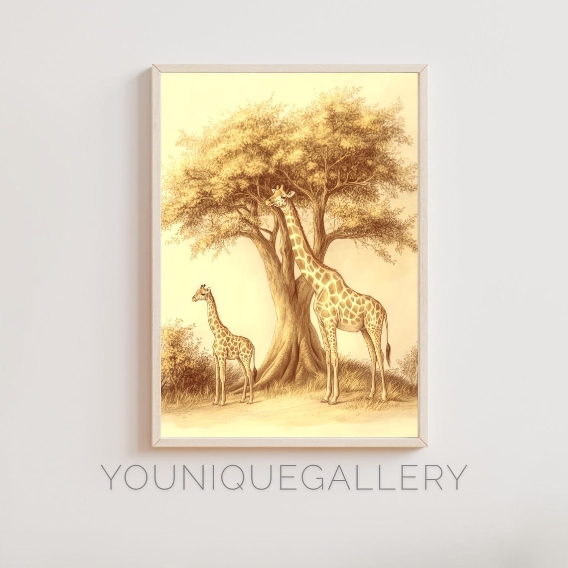 Giraffe Pair Under Acacia Tree Sepia Sketch Safari Animal Wall Art