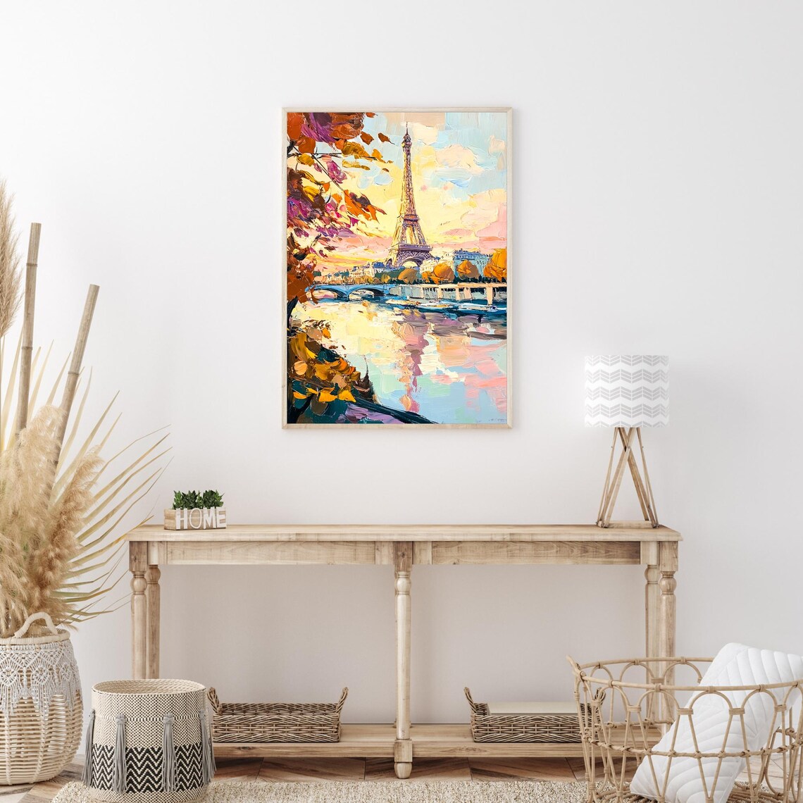 Eiffel Tower Paris Autumn Leaves Seine Sunset Reflection Romantic Painting Poster - Image 3