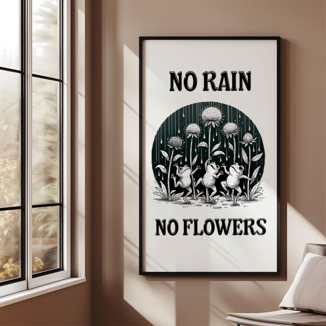 No Rain No Flowers Funny Frog Dance Poster Black And White Rain Art - Image 2