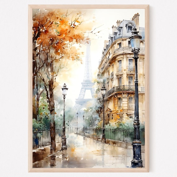 Paris Watercolor Print Eiffel Tower Retro Cityscape Art