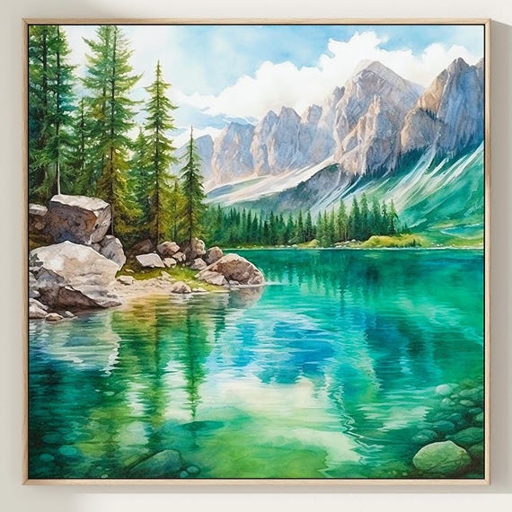 Mountain Lake Watercolor Print Panoramic Abstract Landscape Art
