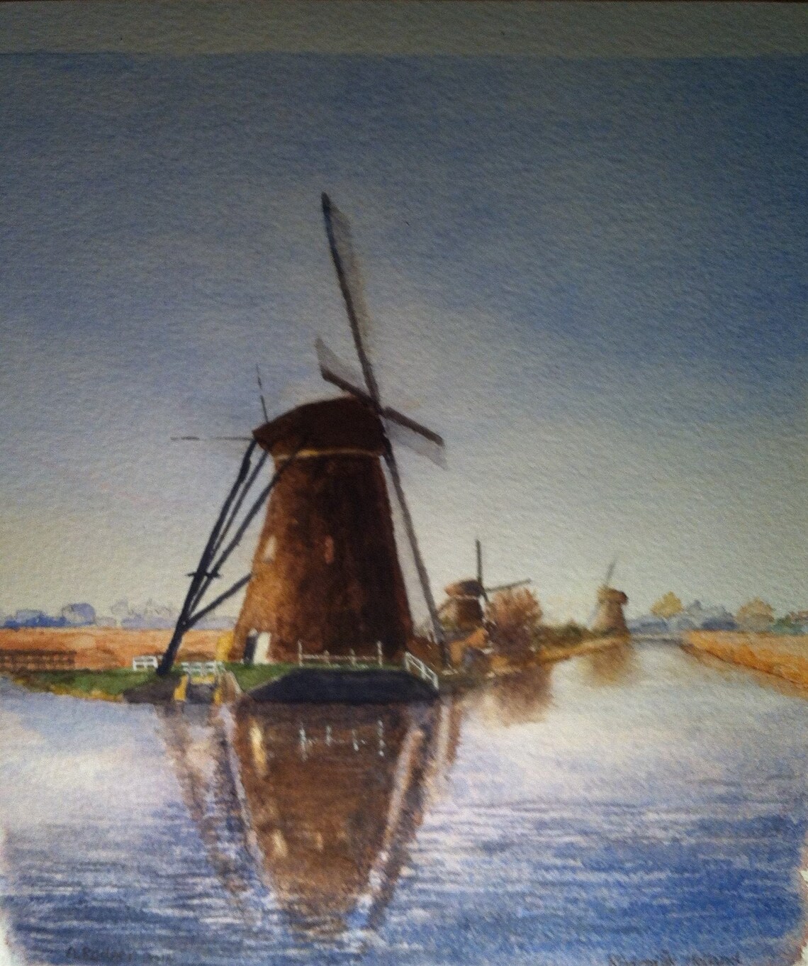 Dutch Windmills Reflected in Canal Holland Watercolor Landscape Poster