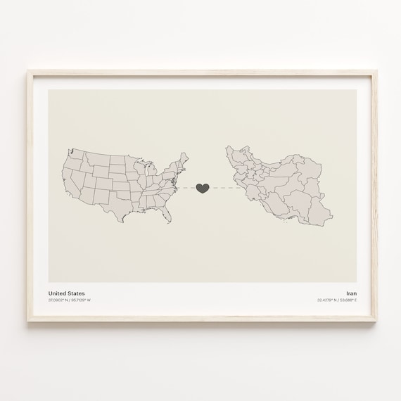 United States to Iran Minimalist Long Distance Love Map Poster
