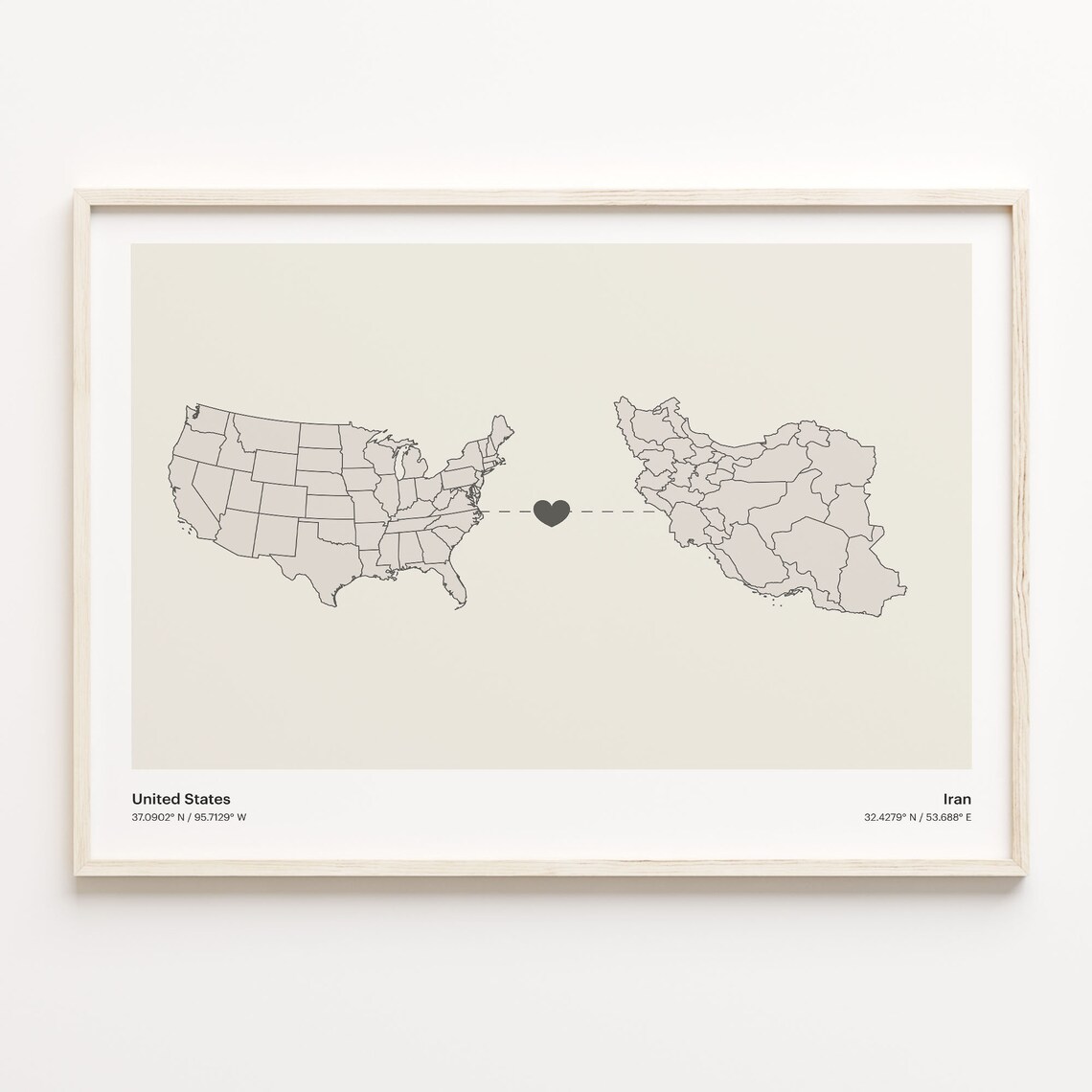 United States to Iran Minimalist Long Distance Love Map Poster