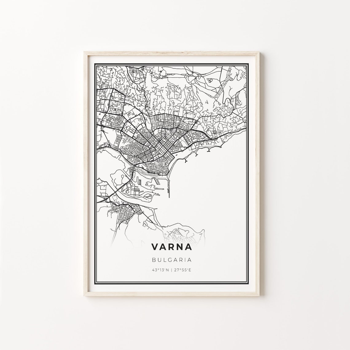 Varna Bulgaria Modern Black And White Street Map Coordinates Poster