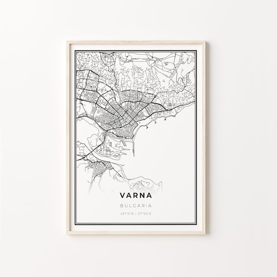 Varna Bulgaria Modern Black And White Street Map Coordinates Poster
