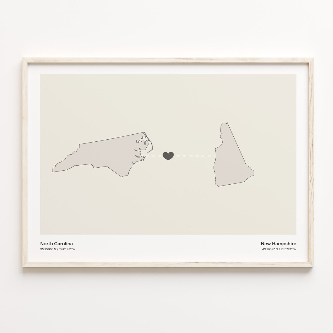 North Carolina to New Hampshire Minimalist Long Distance Connection Map Poster