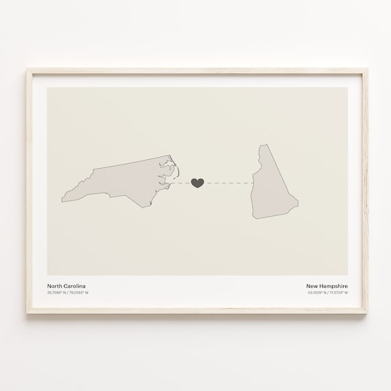 North Carolina to New Hampshire Minimalist Long Distance Connection Map Poster