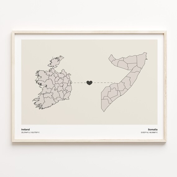 Ireland Somalia Minimalist Long Distance Love Heart Map Poster