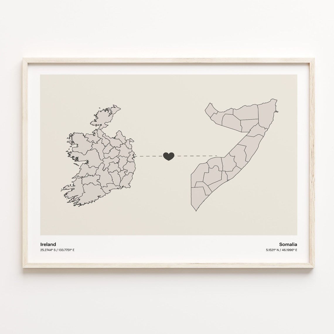 Ireland Somalia Minimalist Long Distance Love Heart Map Poster
