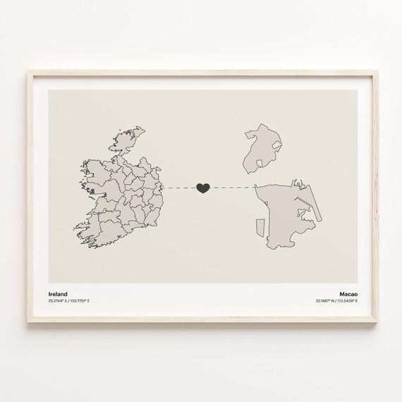 Ireland and Macao Couple Long Distance Love Heart Map Poster
