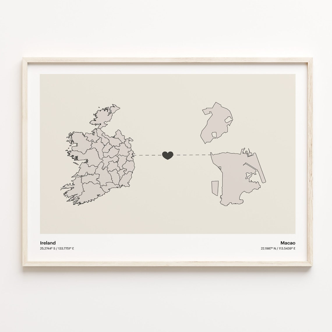 Ireland and Macao Couple Long Distance Love Heart Map Poster