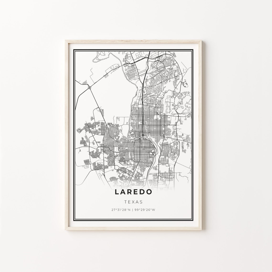 Laredo Texas Modern Minimalist Black White Street Map Poster