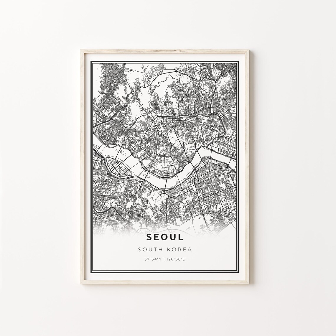 Seoul City Map Art Print, Modern Black and White