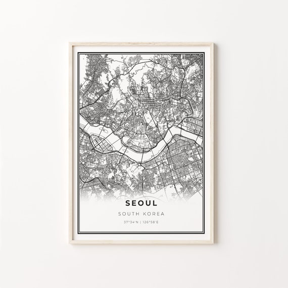 Seoul City Map Art Print, Modern Black and White