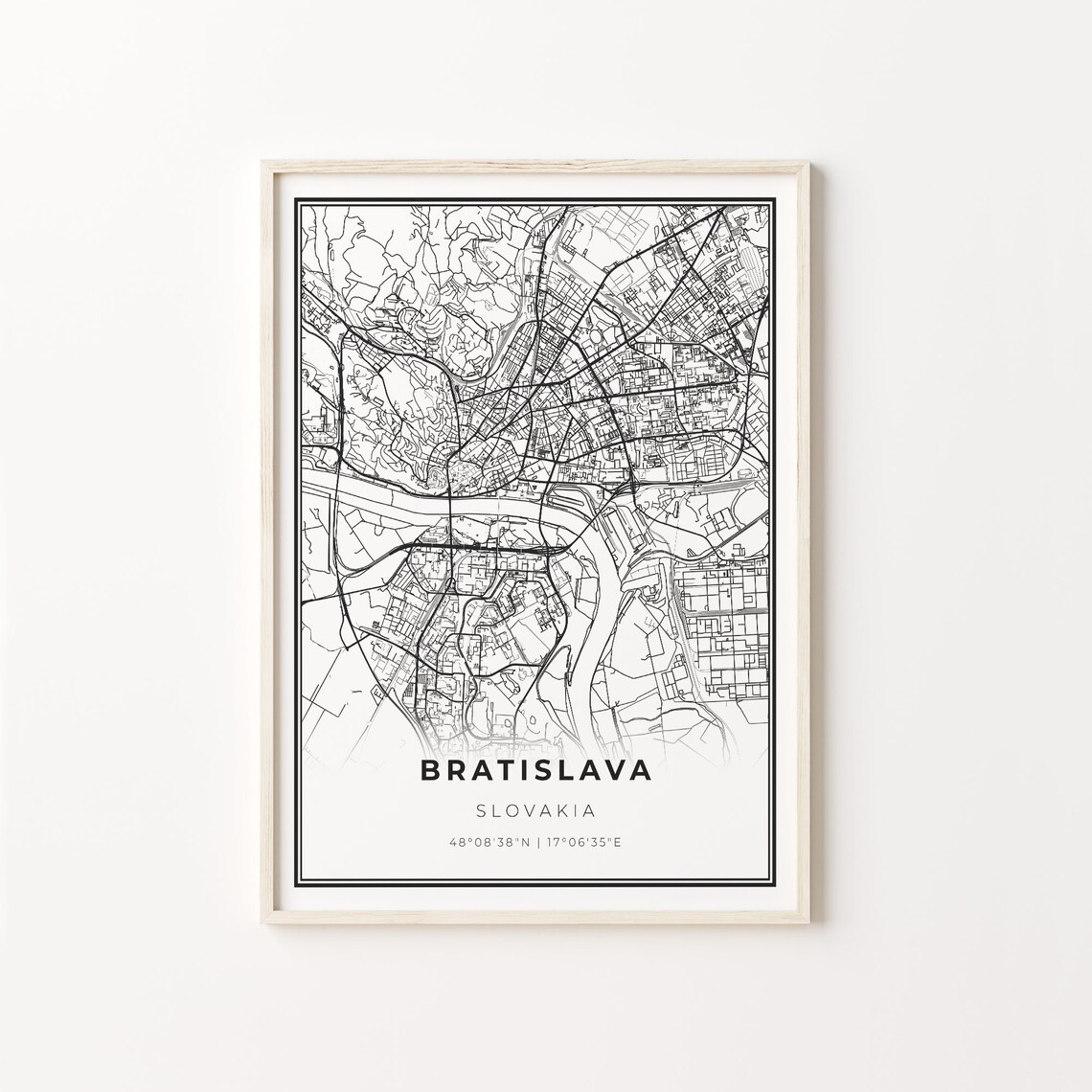 Bratislava Slovakia Minimalist Black and White City Street Map Poster