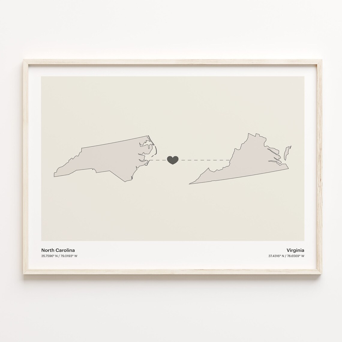 North Carolina to Virginia Minimalist Long Distance Connection Map Poster
