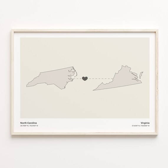 North Carolina to Virginia Minimalist Long Distance Connection Map Poster