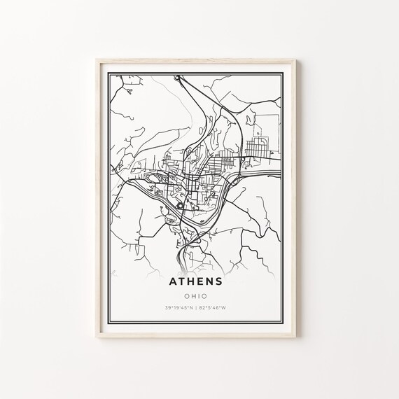 Athens Ohio Modern Minimalist Black and White City Map Poster