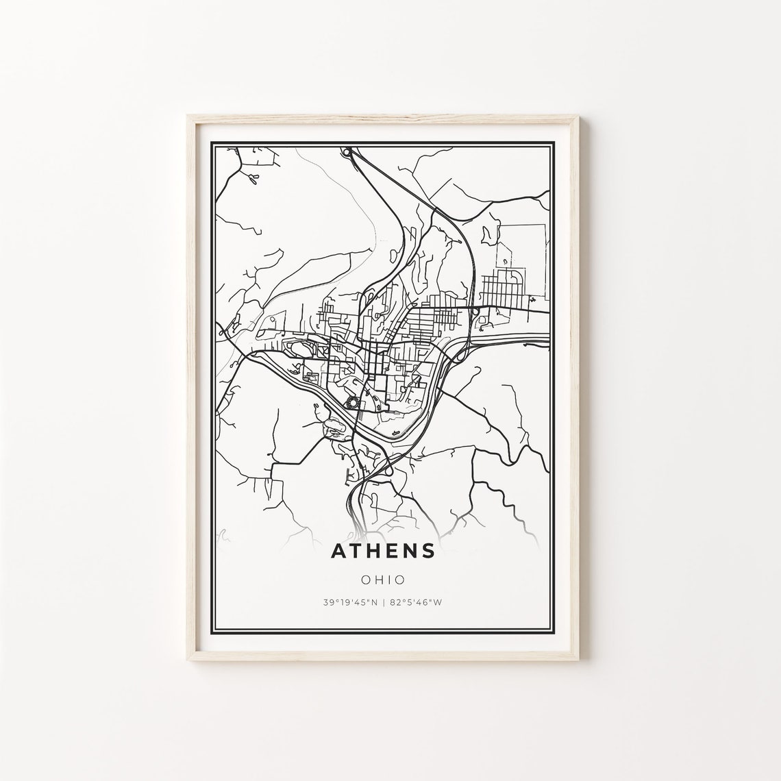Athens Ohio Modern Minimalist Black and White City Map Poster