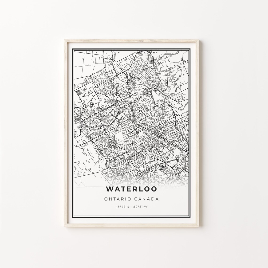 Waterloo Ontario Canada Black and White Street Map Minimalist Decor Poster