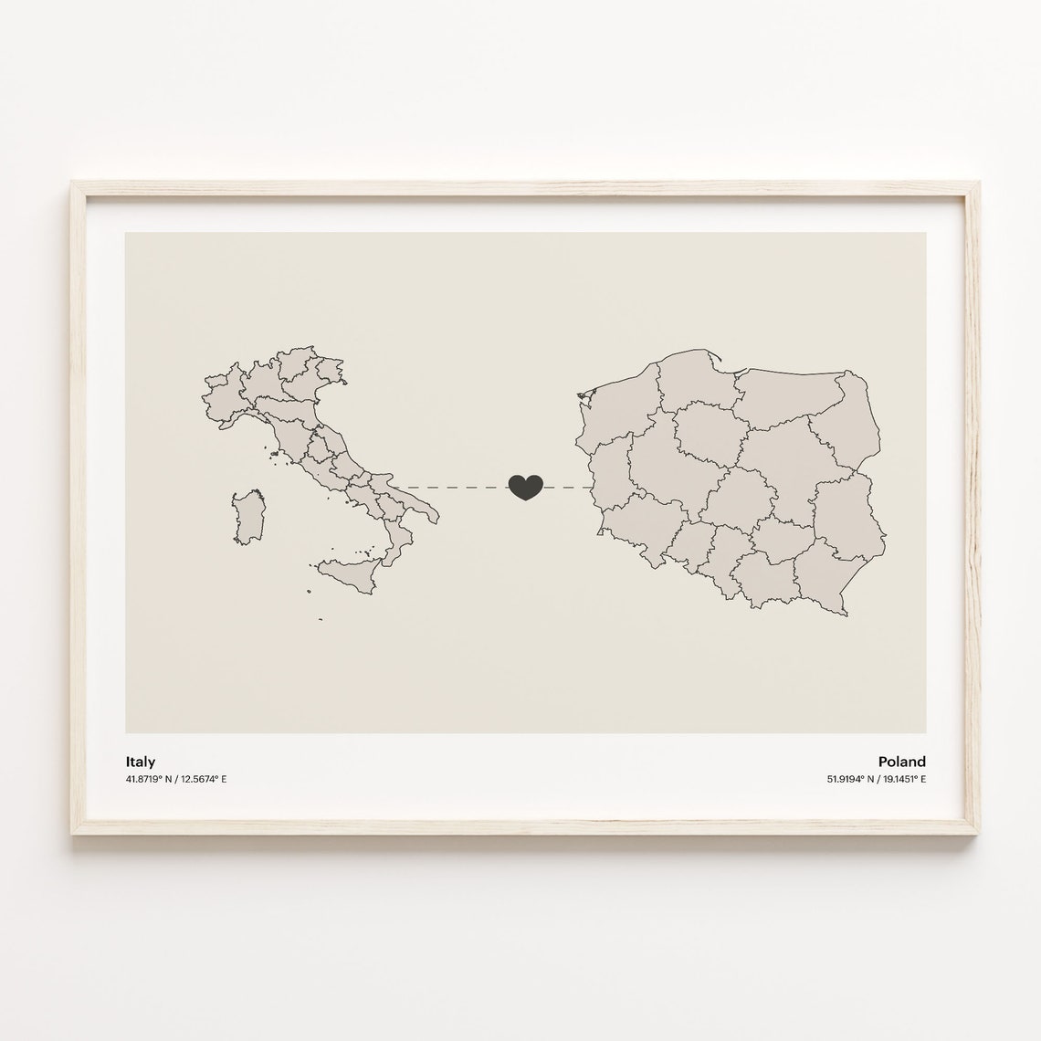Italy to Poland Elegant Minimalist Heart Connection Map Art Poster