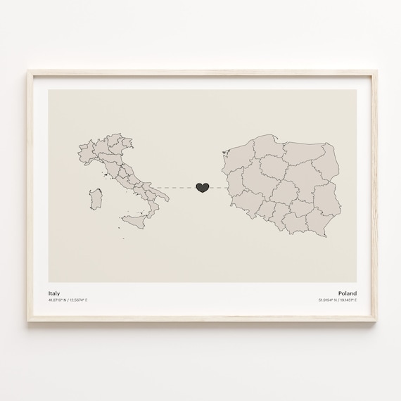 Italy to Poland Elegant Minimalist Heart Connection Map Art Poster