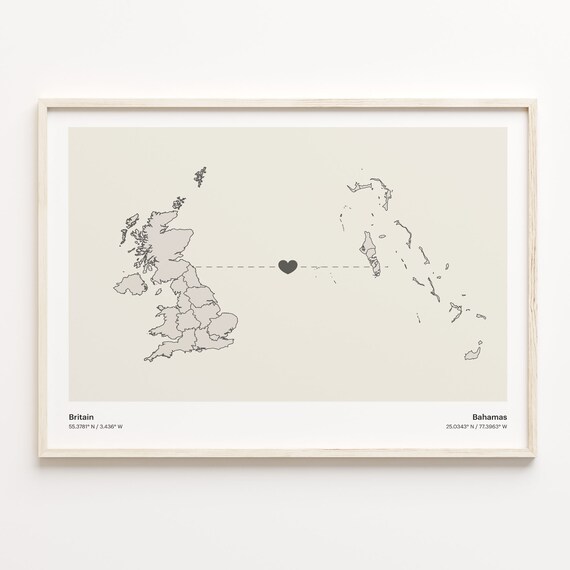 Britain to Bahamas Minimalist Long Distance Love Map Art Poster