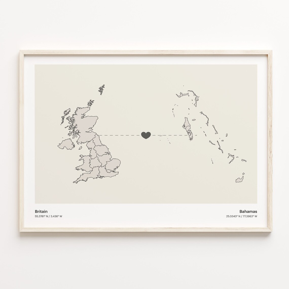 Britain to Bahamas Minimalist Long Distance Love Map Art Poster