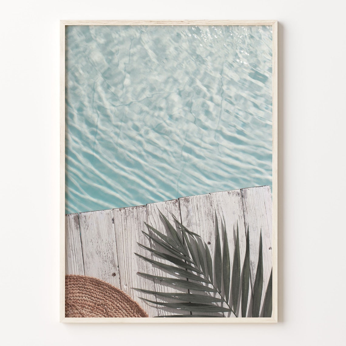 Palm Leaf Poolside Water Ripples Wooden Deck Tropical Photo Poster