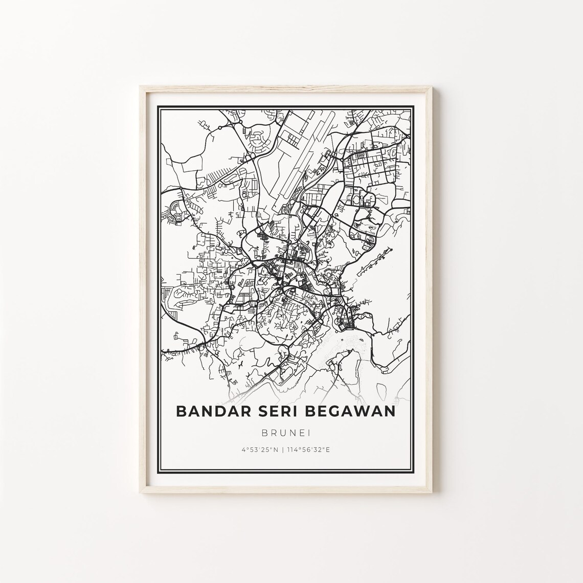 Bandar Seri Begawan Brunei Minimalist Black and White City Street Map Poster