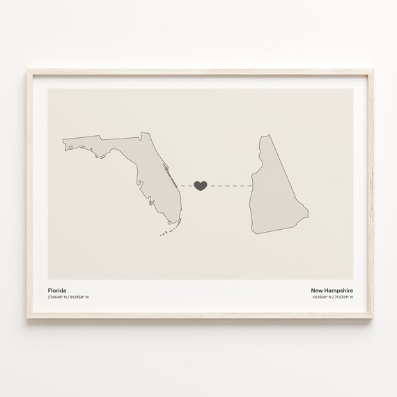 Florida to New Hampshire Heart Map Long Distance Love Poster