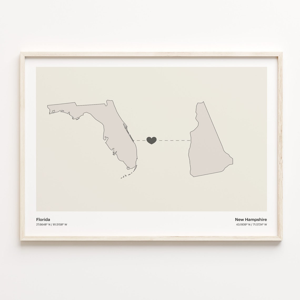 Florida to New Hampshire Heart Map Long Distance Love Poster