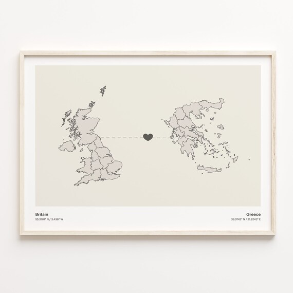 Britain and Greece Long Distance Heart Map Connection Poster